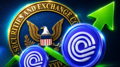 A large golden token with the ONDO Finance logo placed prominently next to a bright green target billboard marked with a 1 dollar sign on a dark background.