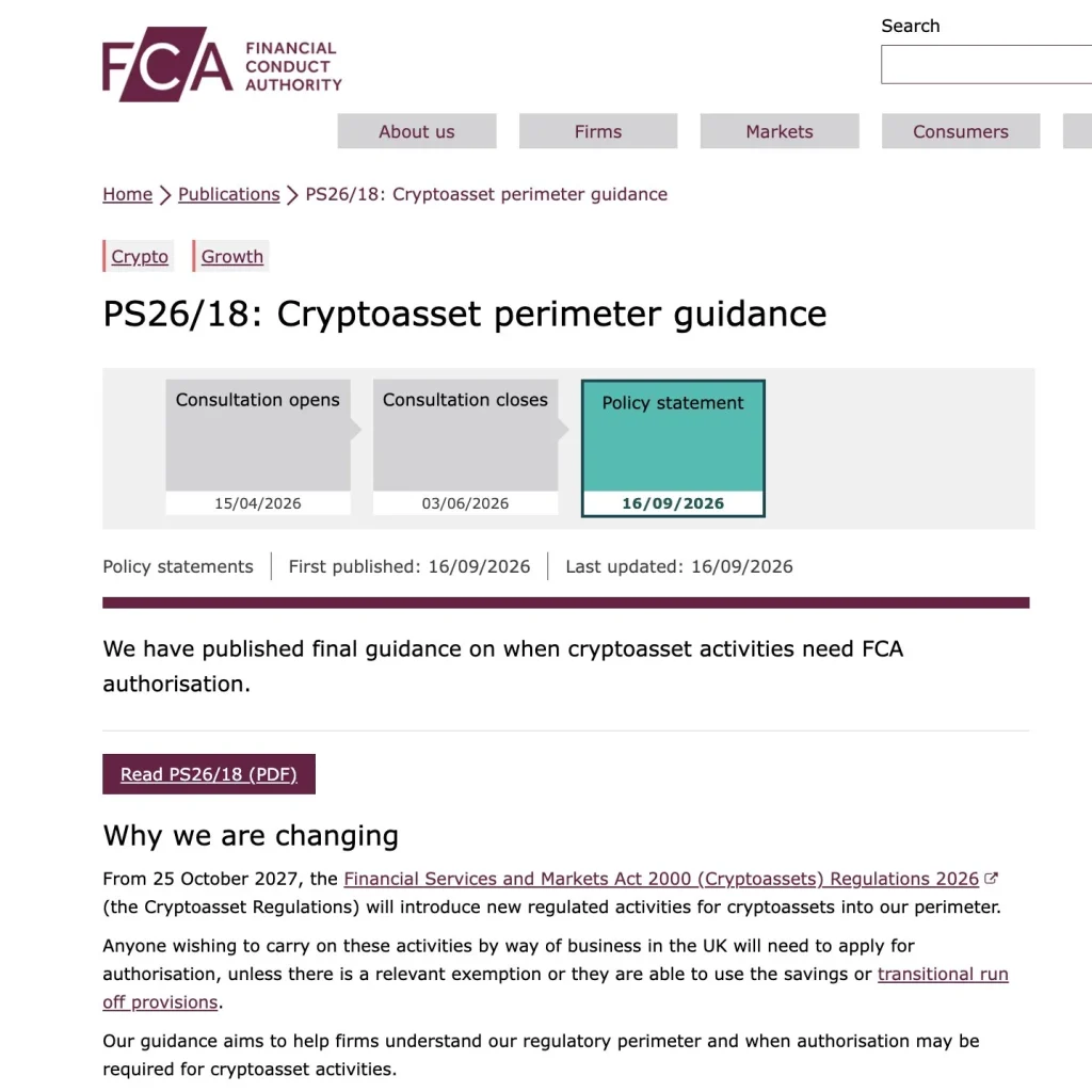 UK FCA Opens Crypto Authorization Applications Starting September 30, 2026